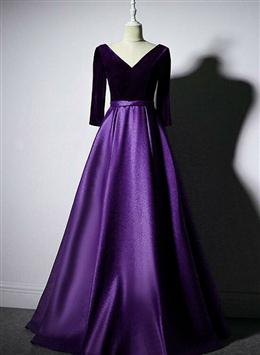 Picture of Dark Purple Long Sleeves V-neckline Velvet and satin Long Party Dresses, Long Evening Dresses Prom Dresses